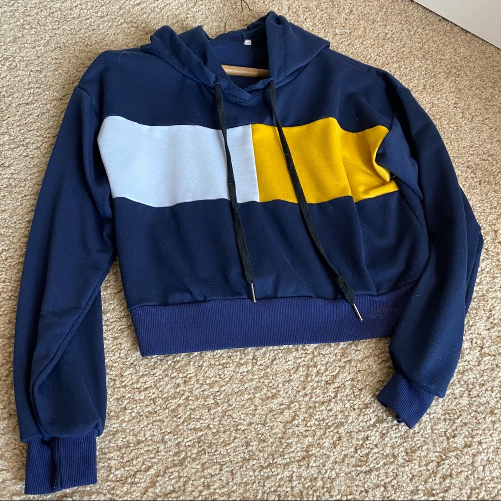 SHEIN NAVY GOLD COLOR BLOCK CROP HOODIE PULLOVER XS